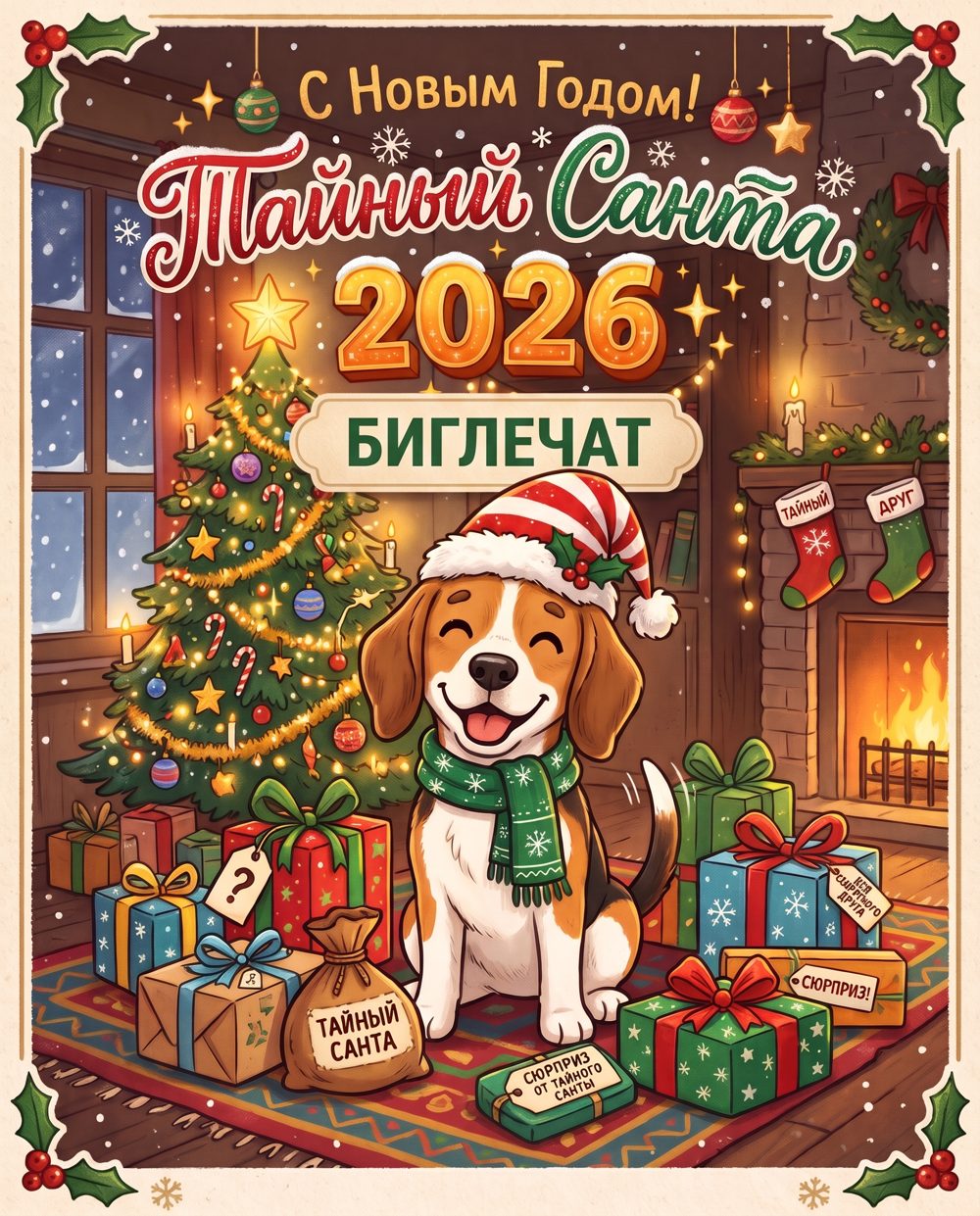 Тайный Санта 2026 — Биглечат: счастливый бигль в колпаке Деда Мороза среди подарков